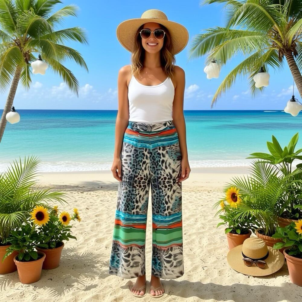 Unbranded PullOn Wide Leg Pants Bali Beach Boho Foldable Waist Stretch Comfort M